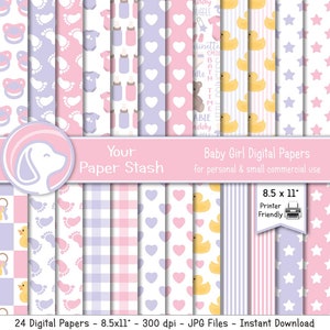 Druckbare Baby Mädchen digitales Scrapbook Papier, rosa Lavendel Baby Muster mit Gummi Enten Schnuller Hintergründe, Instant Download