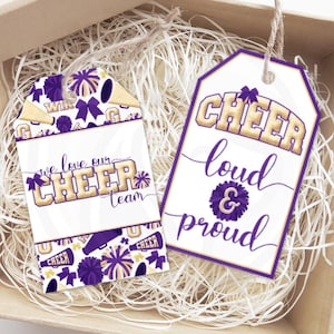 Purple Gold Cheerleading Printable Gift Tags, Cheer Team Squad Mom Coach Gift Tags, Purple Cheerleader Cookie Tags, Instant Download