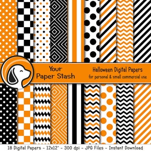 Orange & Black Halloween Digital Scrapbook Papers, Orange Birthday Digital Paper With Stripes Chevron Polka Dots Checkerboard Patterns