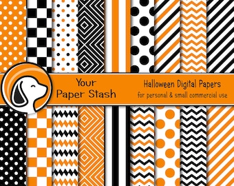May include: A collection of 18 digital papers featuring orange, black, and white patterns including polka dots, stripes, chevrons, and geometric squares. The image includes a logo with a dog icon and the text Your Paper Stash Halloween Digital Papers.