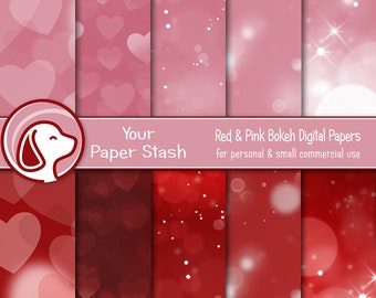 Valentine's Day Digital Paper Pack with Red & Pink Heart Bokeh Backgrounds, Christmas Scrapbook Paper, Commercial Use Download
