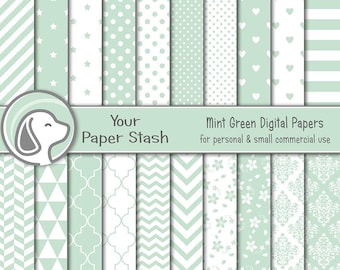 Mint Green Digital Scrapbook Papers with Chevrons Polka Dots Stars & Stripe Patterns, Mint Green Spring Wedding and Birthday Scrapbook Pages