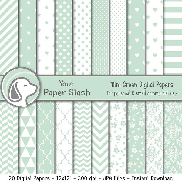 Mint Green Digital Scrapbook Papers with Chevrons Polka Dots Stars & Stripe Patterns, Mint Green Spring Wedding and Birthday Scrapbook Pages