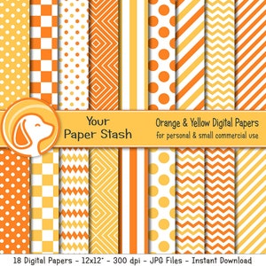 Orange und Gelb Geometrische Digitale Papiere, helle Sommer Geburtstag Digitale Papiere, Schachbrett Chevron Streifen Digitales Papier