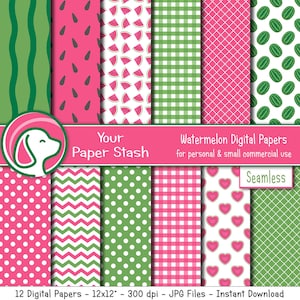 Watermelon Digital Paper Pack For Spring & Summer Scrapbook Pages, Watermelon Backgrounds, Picnic Paper, Fruit Digital Papers Commercial Use