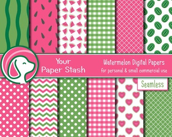 Watermelon Digital Paper Pack For Spring & Summer Scrapbook Pages, Watermelon Backgrounds, Picnic Paper, Fruit Digital Papers Commercial Use