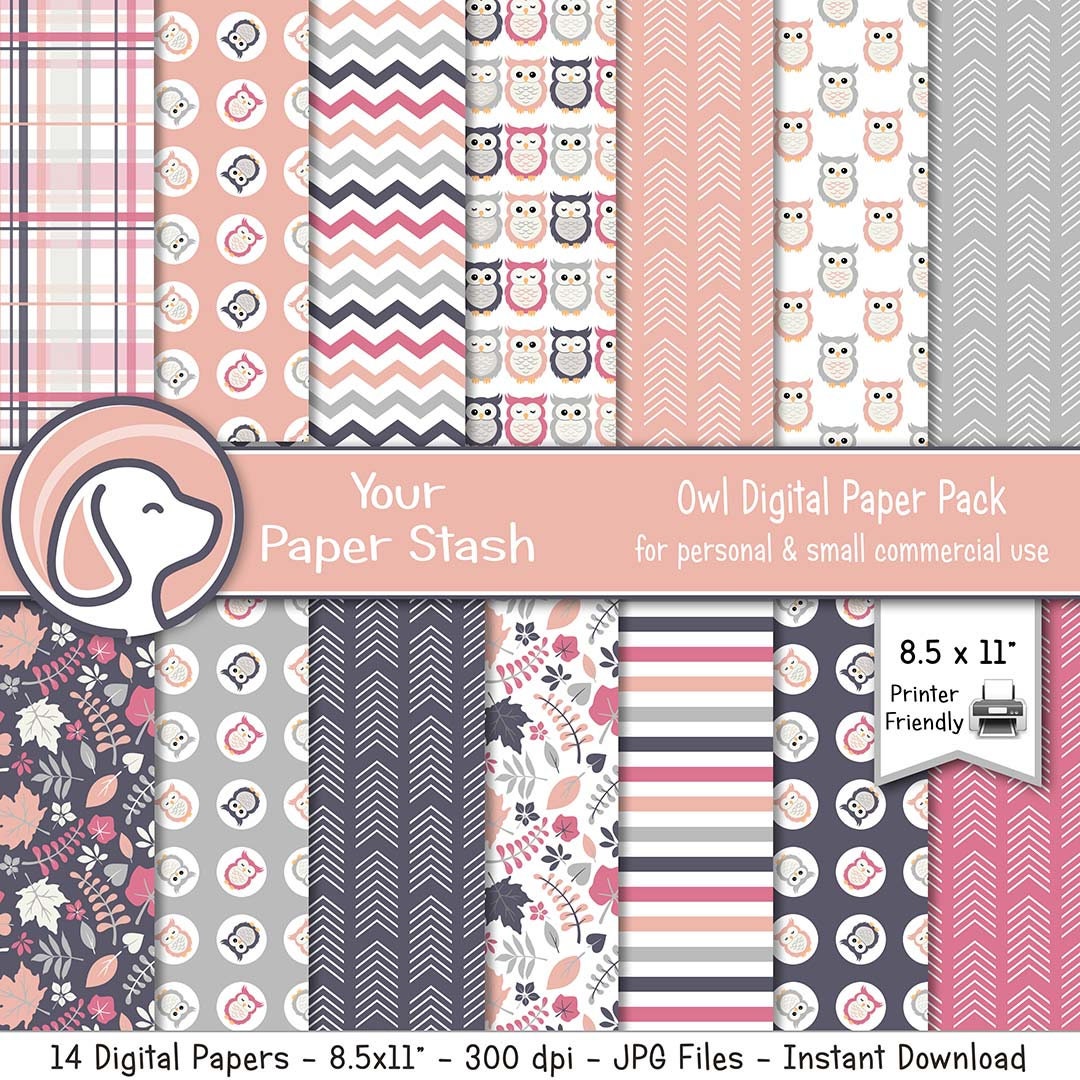 Printable Owl Digital Paper in Pink and Gray, Owl Decoupage Scrapbook ...