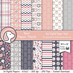 Printable Owl Digital Paper in Pink and Gray, Owl Decoupage Scrapbook Paper Designs w/ Chevrons Plaid and Leaf Patterns Commercial Use/WD101