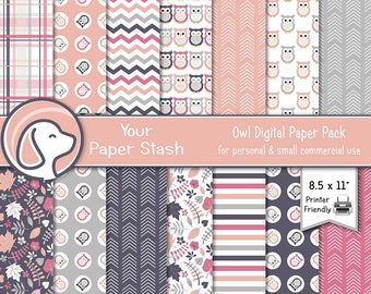Printable Owl Digital Paper in Pink and Gray, Owl Decoupage Scrapbook Paper Designs w/ Chevrons Plaid and Leaf Patterns Commercial Use/WD101