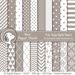 Papeles y fondos digitales en gris topo neutro, papel para álbum de recortes digital con estampado floral y geométrico, estrellas y rayas de chevrones en gris topo, papel para bodas