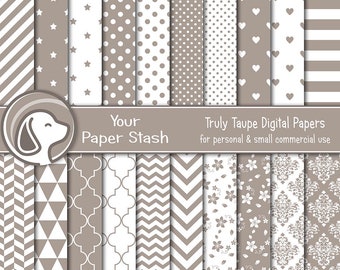 Taupe Scrapbook Paper, Neutral Digital Paper Pack, 12x12 Chevron Stripe Geometric Backgrounds, Instant Download