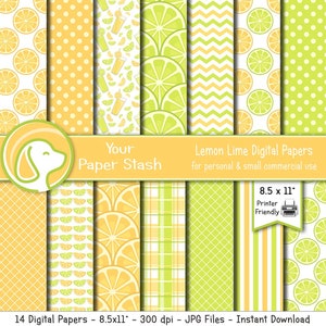 8.5x11&quot; Lemon Lime Digital Paper Pack, Summer Scrapbooking Pages, Citrus Fruit Printable Digital Papers, Commercial Use Instant Download