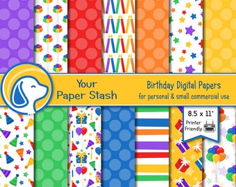 May include: A set of 14 digital papers featuring birthday-themed patterns. The patterns include polka dots, stripes, stars, balloons, candles, and party hats in various colors. The papers are 8.5 inches by 11 inches and 300 dpi. They are available as JPG files for instant download. The text "Your Paper Stash" and "Birthday Digital Papers" is included in the image.
