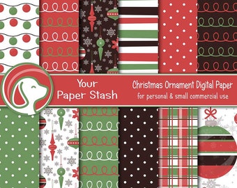 Christmas Ornament Digital Paper Backgrounds, Red & Green Holiday Ornament Scrapbook Papers For Banners, Cards, Decorations, Download
