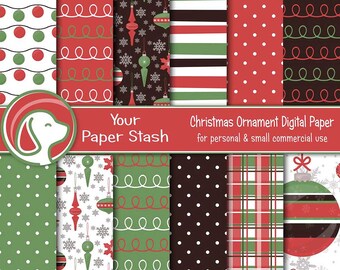 May include: A collection of 12 digital Christmas-themed papers. The patterns include polka dots, stripes, ornaments, and snowflakes in red, green, and white. The text reads "Your Paper Stash" and "Christmas Ornament Digital Paper".