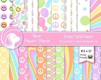 Printable Retro Groovy Digital Scrapbook Papers, Hippie Lava Lamp Smiley Face Digital Paper Pack, Pastel Rainbow Stripe Backgrounds CM106