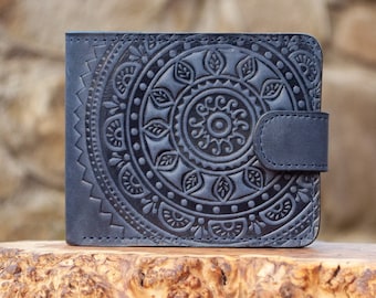 Cartera pequeña de piel auténtica azul marino con 9 bolsillos y sol / Cartera de piel grabada, Cartera bohemia, Cartera de mujer, Cartera de hombre, Cartera blanda