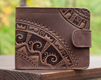 Embossed Leather Bifold Wallet | Vintage Brown, Handmade