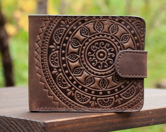 Embossed Mandala Leather Wallet - 9 Pocket Bifold Wallet for Men