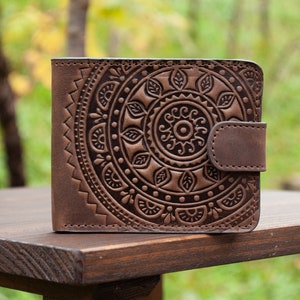 Cartera de hombre de piel auténtica marrón con 9 bolsillos / Cartera para hombre, Cartera de piel, Cartera de piel para hombre, Cartera mandala, Cartera pequeña para hombre