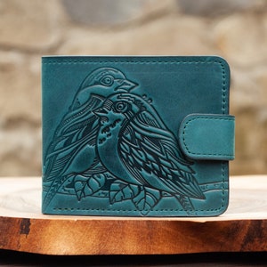 9 pockets Dark-Teal small Leather woman's wallet with birds | Boho wallet, teal wallet, wallet for women, womens bifold leather, cute wallet