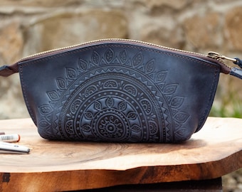 Embossed Genuine Leather Toiletry Bag | Navy Blue Cosmetics Pouch