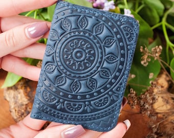 Handmade Navy Leather Card Holder: Boho Mandala Wallet