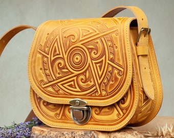 Yellow Genuine Leather crossbody bag with tooled ornament | yellow bag women's, Leather crossbody bag,Leather Shoulder Bag,Leather Bag Women