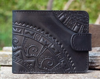 Cartera de hombre negra de cuero genuino de 9 bolsillos / Cartera de cuero pequeña, billetera de cuero en relieve, billetera Boho, billetera bifold de cuero de hombre