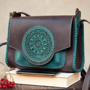Genuine Leather tooled crossbody Bag for Women brown with dark-teal | zipper bag, leather bag woman, office bag, boho leather bag mandala