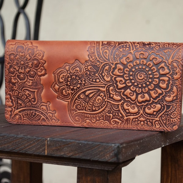 Light-brown leather wallet Boho with flowers | leather wallet women's, Leather Long Wallet, wallet with ornament, wristlet wallet
