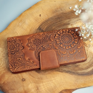 Long wallet, boho leather wallet women's light-brown with flowers | embossed wallet, boho wallet, wallet women boho clutch