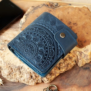 Cartera boho piel azul marino con sol / cartera piel mujer, Cartera pequeña piel, cartera con adorno, cartera mujer piel