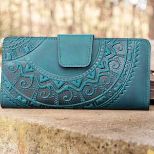 Dark-teal leather Boho wallet | leather wallet women, Leather Long Wallet, embossed wallet, wallet with ornament, wallet women soft