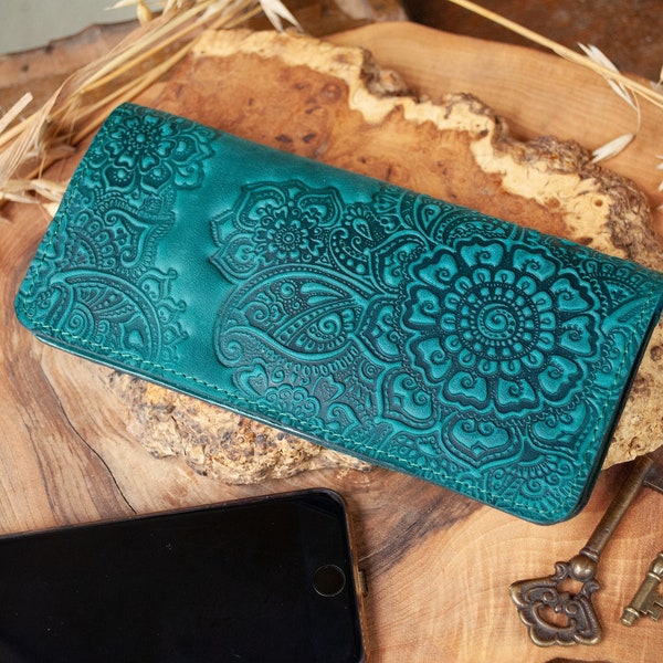 Dark-teal leather Boho wallet with flower | turquoise leather wallet women's, Leather Long Wallet, wristlet wallet, women's wallet leather
