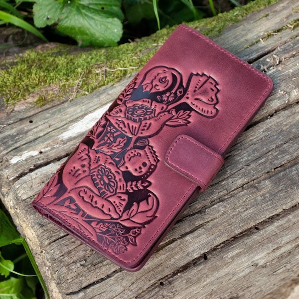 Burgundy Genuine leather wallet women Boho with poppy | Leather Wallet long, embossed wallet, women's purse, soft wallet