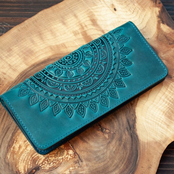Dark-teal leather Boho wallet with mandala | turquoise leather wallet women's, Leather Long Wallet, women's wallet leather, wristlet wallet