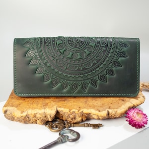 Dark-green leather Boho wallet with mandala | leather wallet women&#39;s, Leather Long Wallet, women&#39;s wallet leather, wristlet wallet