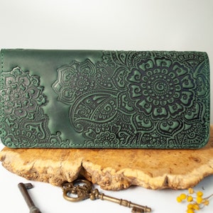 Dark-green leather Boho wallet with flower | leather wallet women&#39;s, Leather Long Wallet, wristlet wallet, women&#39;s leather purse