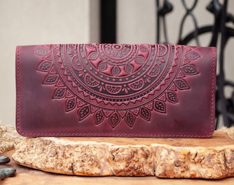 Burgundy leather Boho wallet with mandala | leather wallet women's, Leather Long Wallet, tooled leather wallet, wristlet wallet