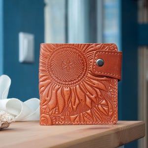 Light-brown leather Boho wallet with sunflowers | leather wallet women's, Leather small Wallet, wallet with ornament, women's wallet leather