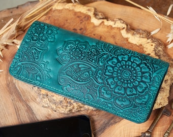 Boho-Geldbörse aus dunkelpetrolfarbenem Leder mit Blume | Türkis Leder Geldbörse Damen, Leder lange Geldbörse, Armband Brieftasche, Damen Geldbörse Leder