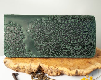 Dark Green Leather Wallet with Flower | Boho Long Wallet