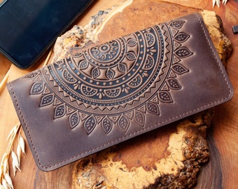 Brown Leather Wallet: Boho Mandala, Women's long wallet