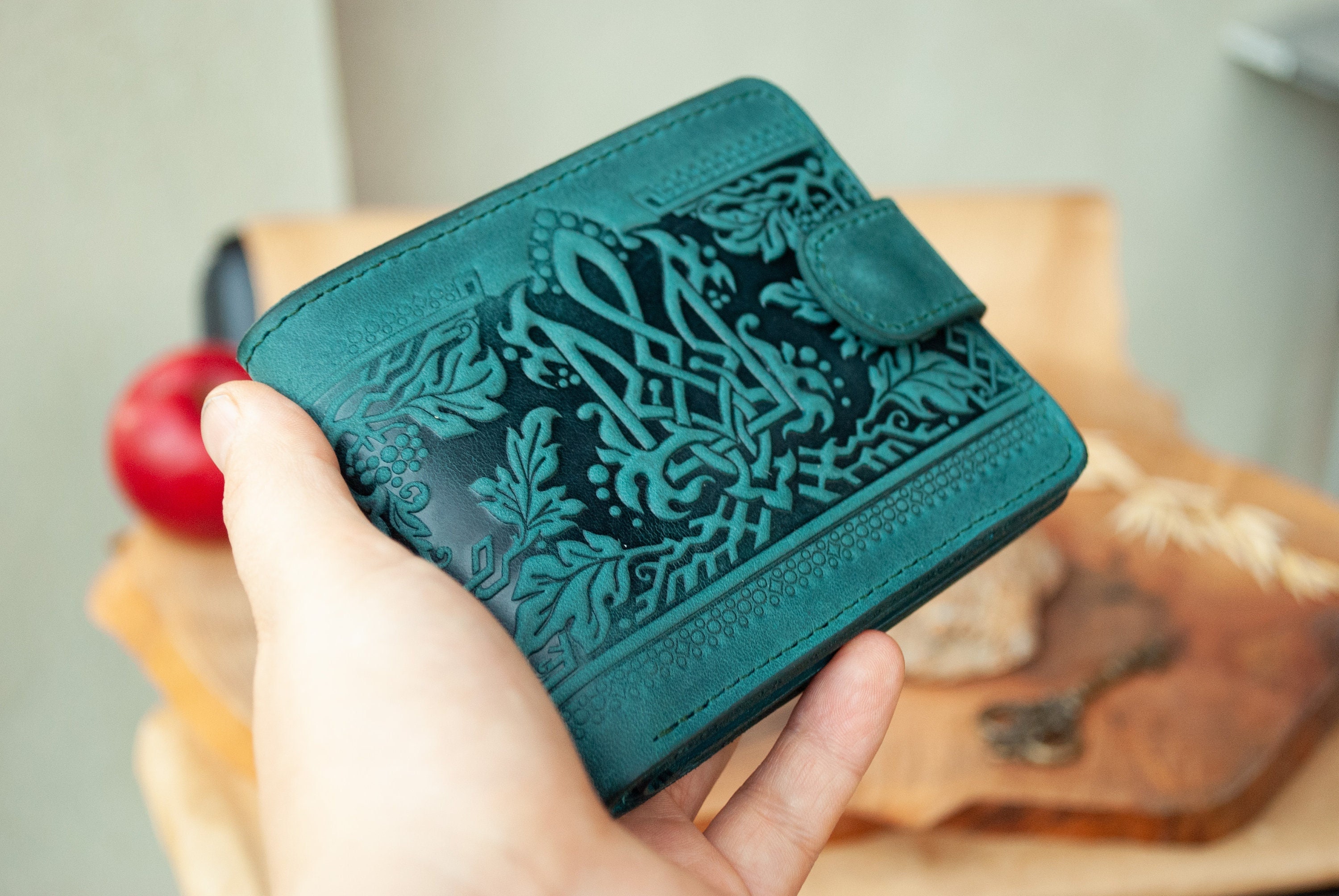 Women's genuine leather wallet with ornamental stamping 
