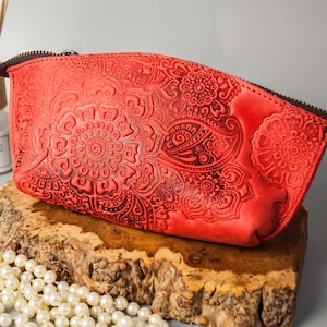 Genuine leather zipper pouch with flowers | Toiletry Bag Women, Travel Toiletry Bag, Leather Case, Red cosmetics bag, red pouch makeup bag