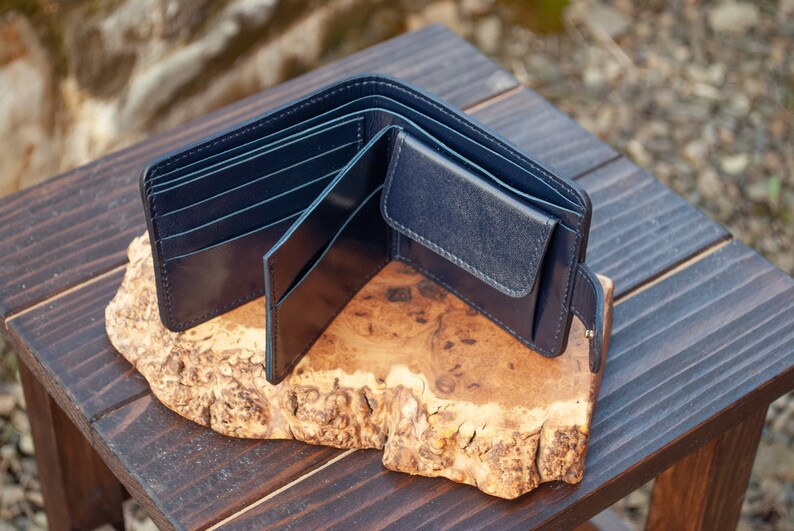 Embossed Leather Wallet: Navy Blue Boho Bifold With Sun - Etsy