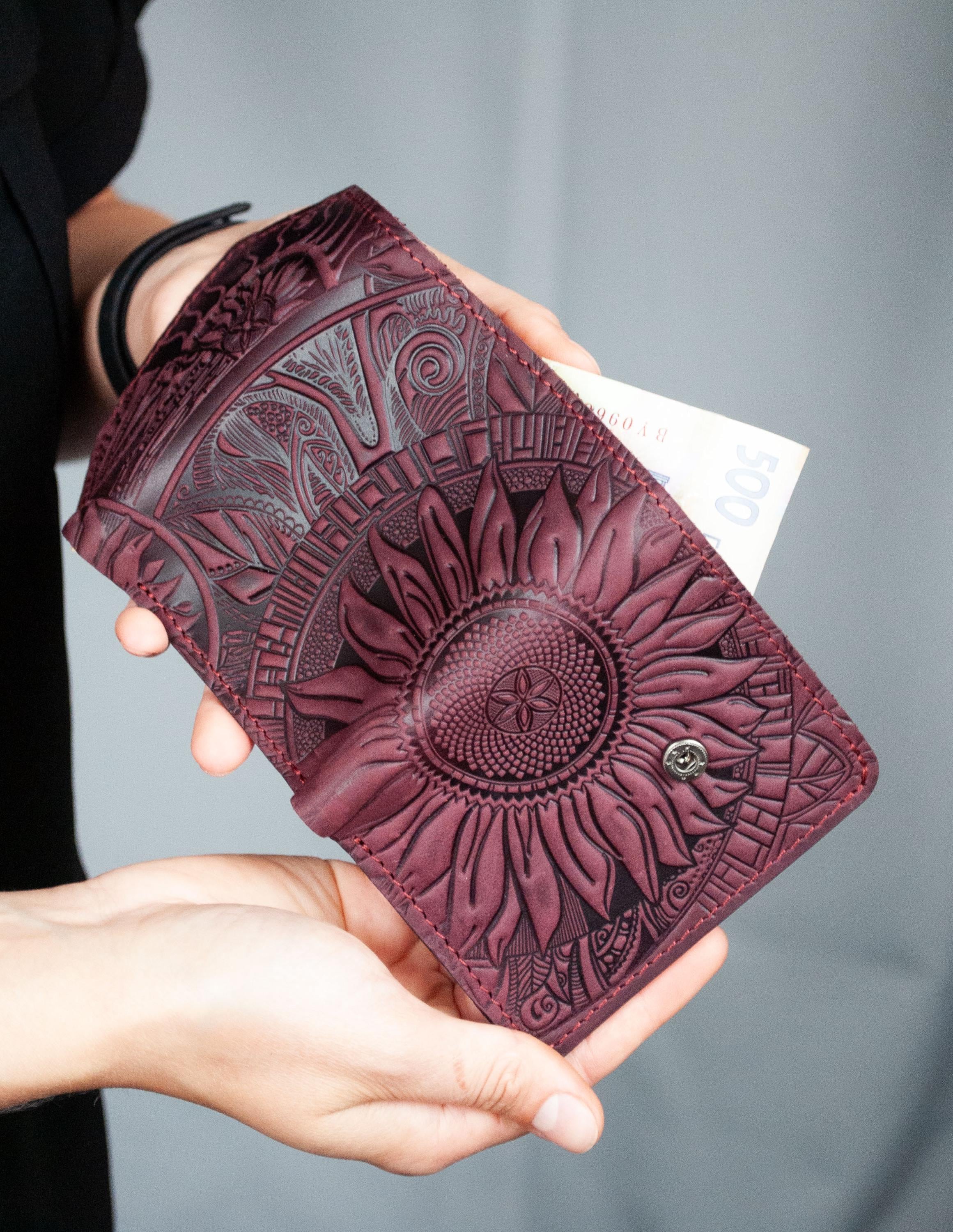 Embossed Leather Mini Wallet: Rustic Sunflowers, Boho Burgundy - Etsy