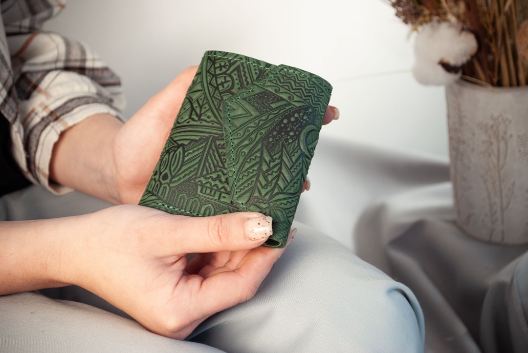 Green Leather Boho Wallet: Rustic Mountain Embossed Mini Wallet - Etsy