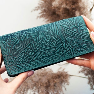 Wallet: Rustic Boho Leather Wallet in Turquoise with Hand-Tooled Ethnic Mountain Embossing - Unique Gift Idea, Women's Wallet with Ornament